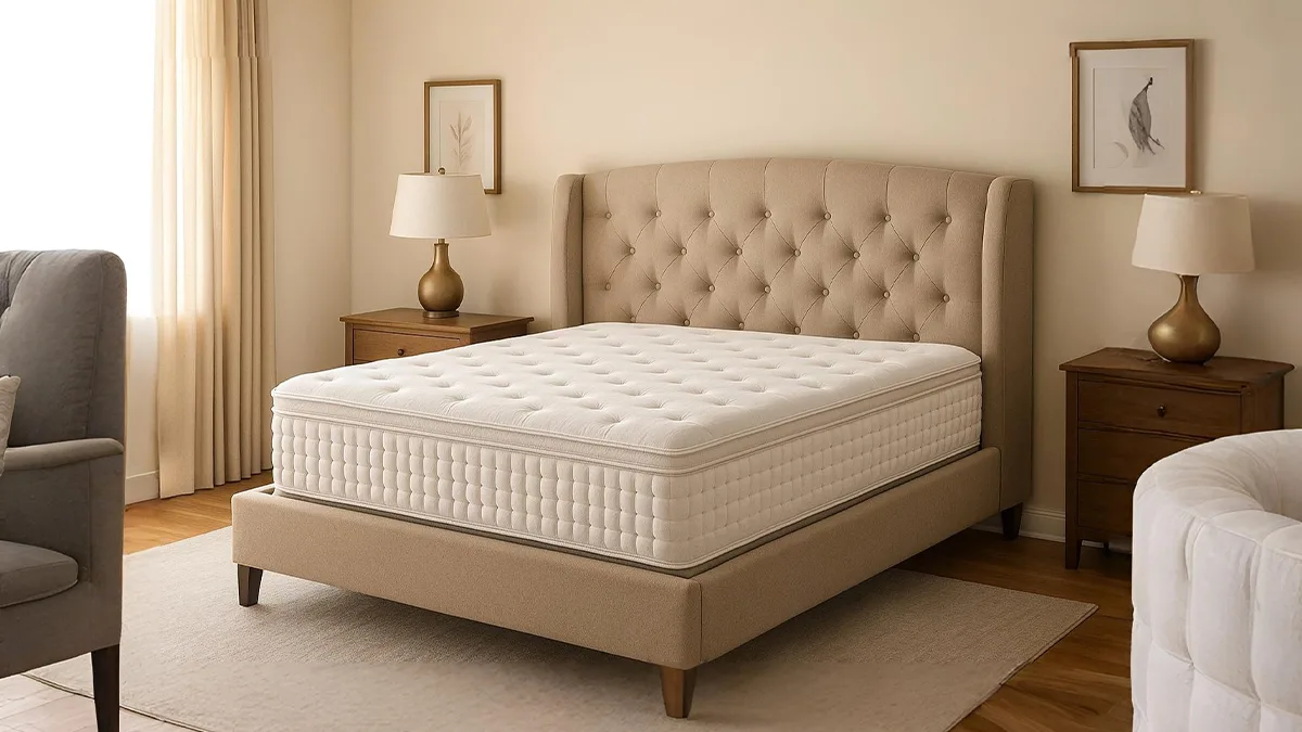 Dušek na braon bračnom krevetu u spavaćoj sobi sa dva drvena noćna stočića i klasičnom dekoracijom