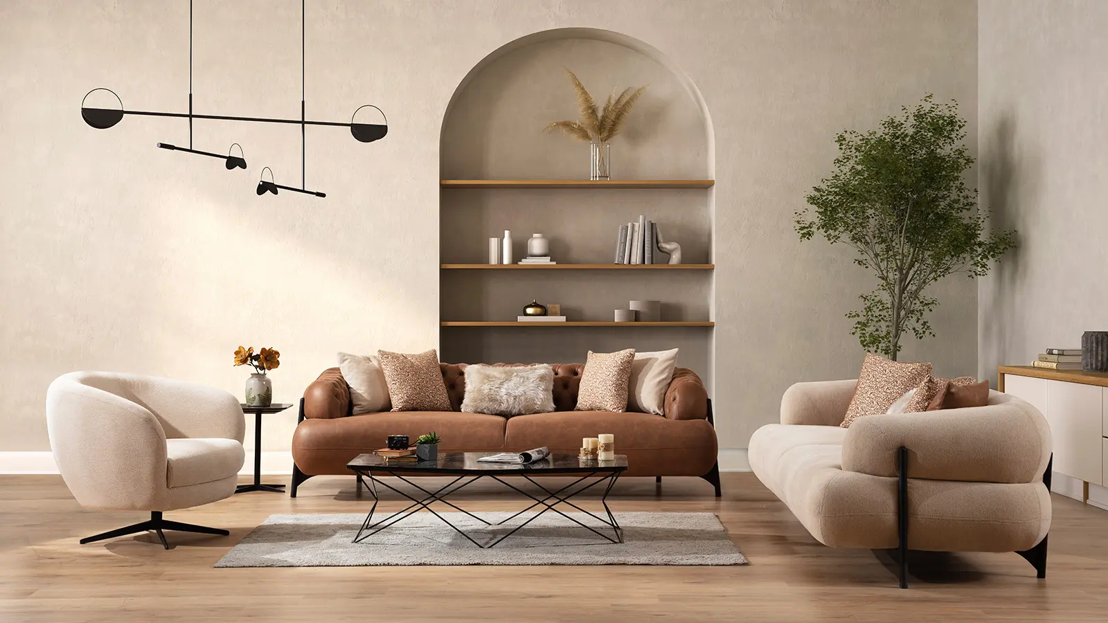 moedrni dnevni boravak sa tdf garniturom i ukrasnom policom