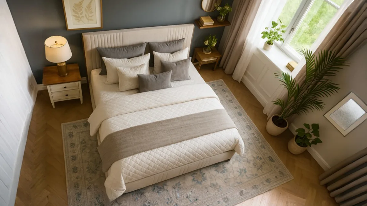 krevet u spavaćoj sobi sa jastucima, posteljinom i dekoracijom