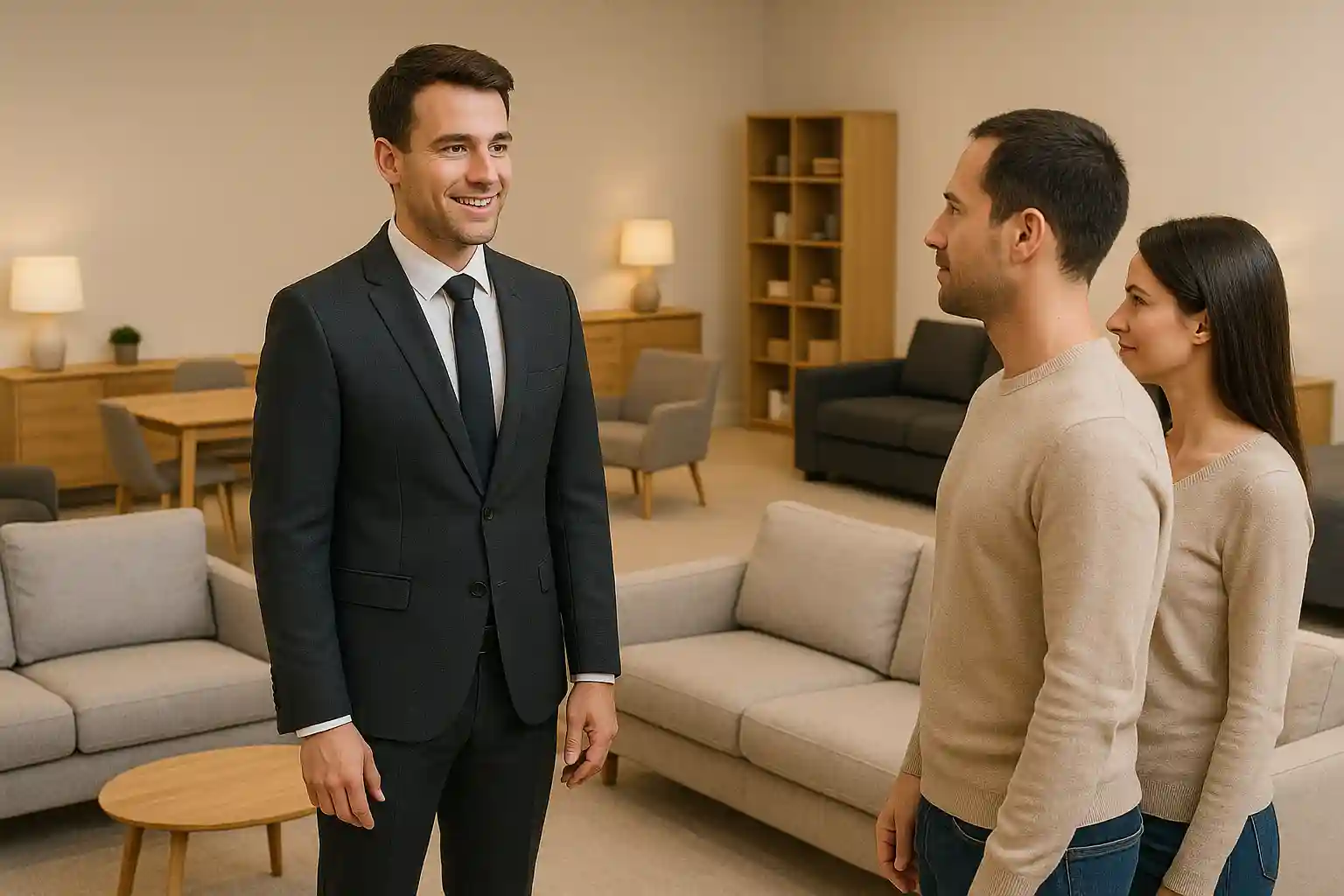 kupci i prodavac u salonu namještaja