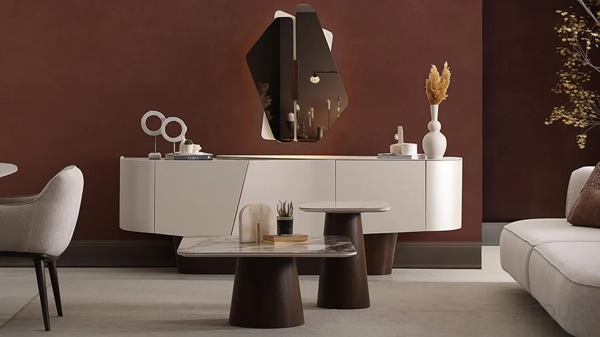 Komoda bele boje ukloljena sa dekoracijom i klub stolom tamne boje