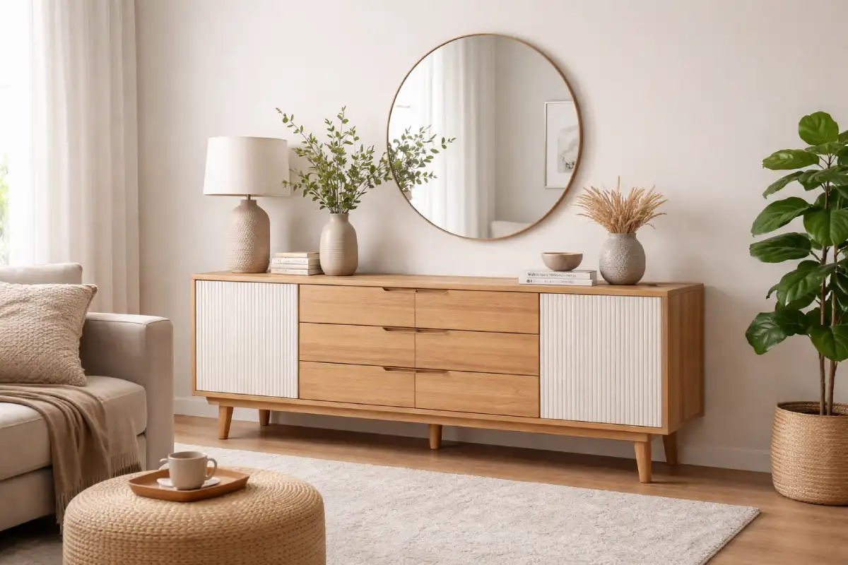 Moderna komoda od drveta sa dekorativnim elementima na njoj, ogledalom i trosedom koji se uklapa u celinu