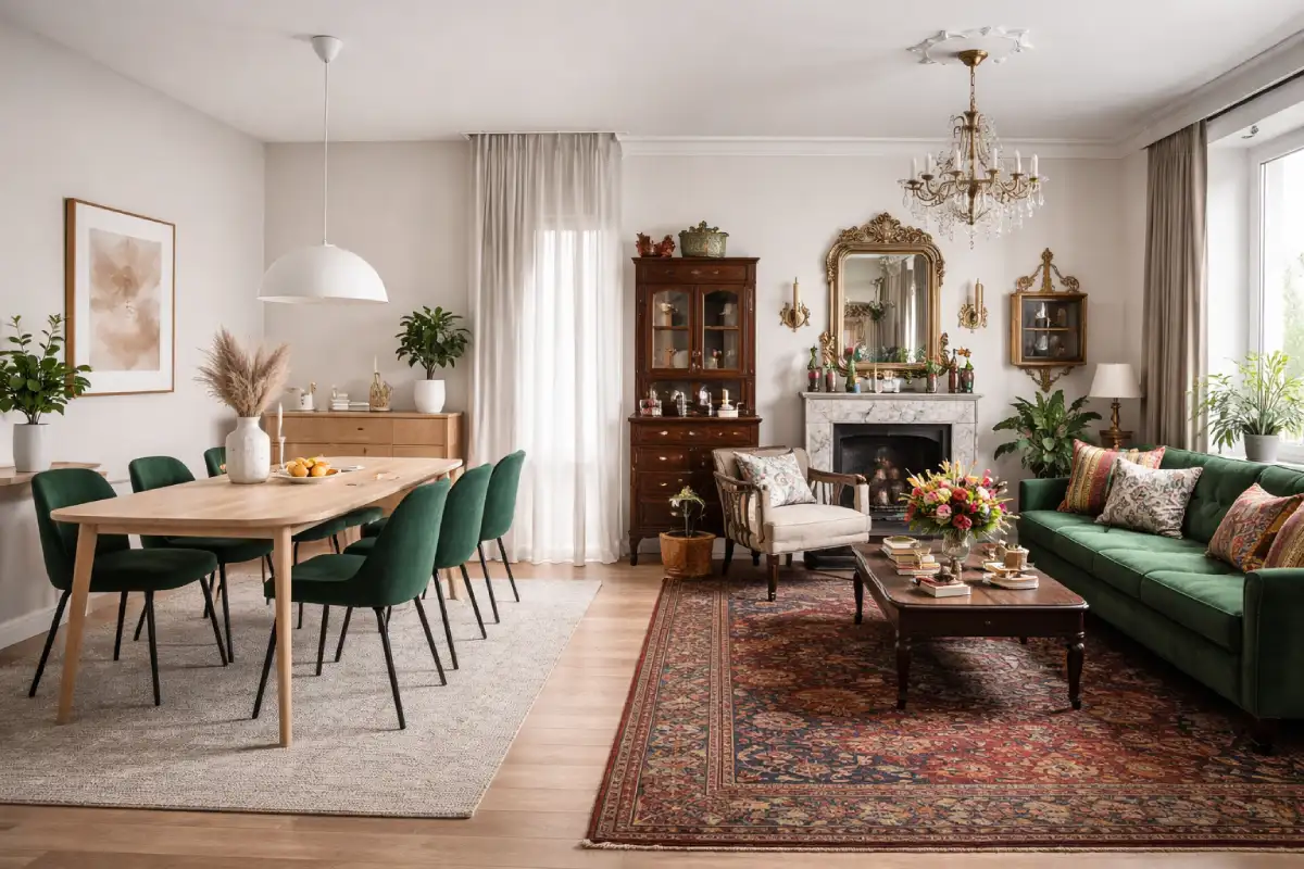 Dnevna soba i trpeazrija u open space stanu bez stilske povezanosti