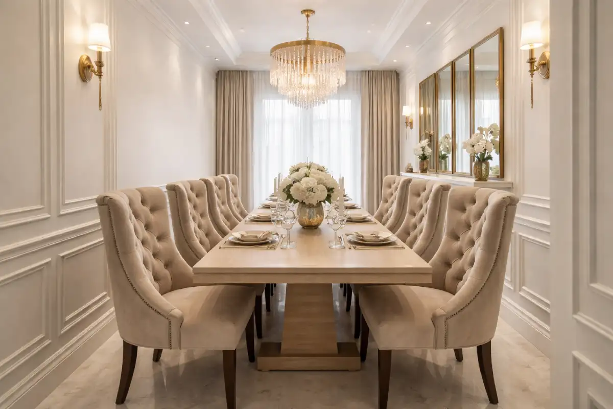 Šest krem stolica sa pravougaonim stolom u klasično dekorisanog trpezariji