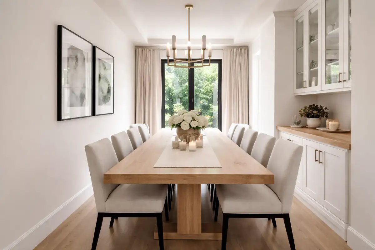 drveni dugački sto sa šest stolica u uskoj trpezariji