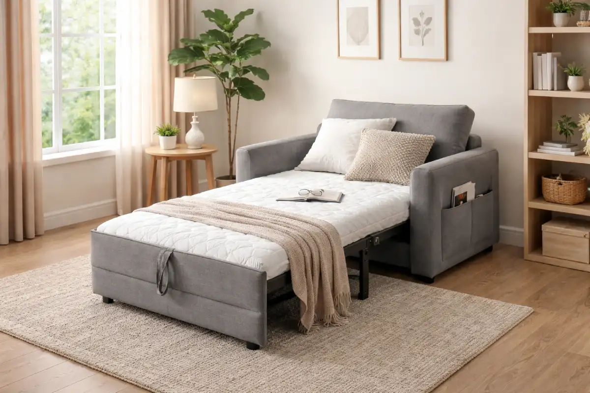 Fotelja na razvlačenje u dnevnoj sobi sa dekorativnim biljkama i slikom