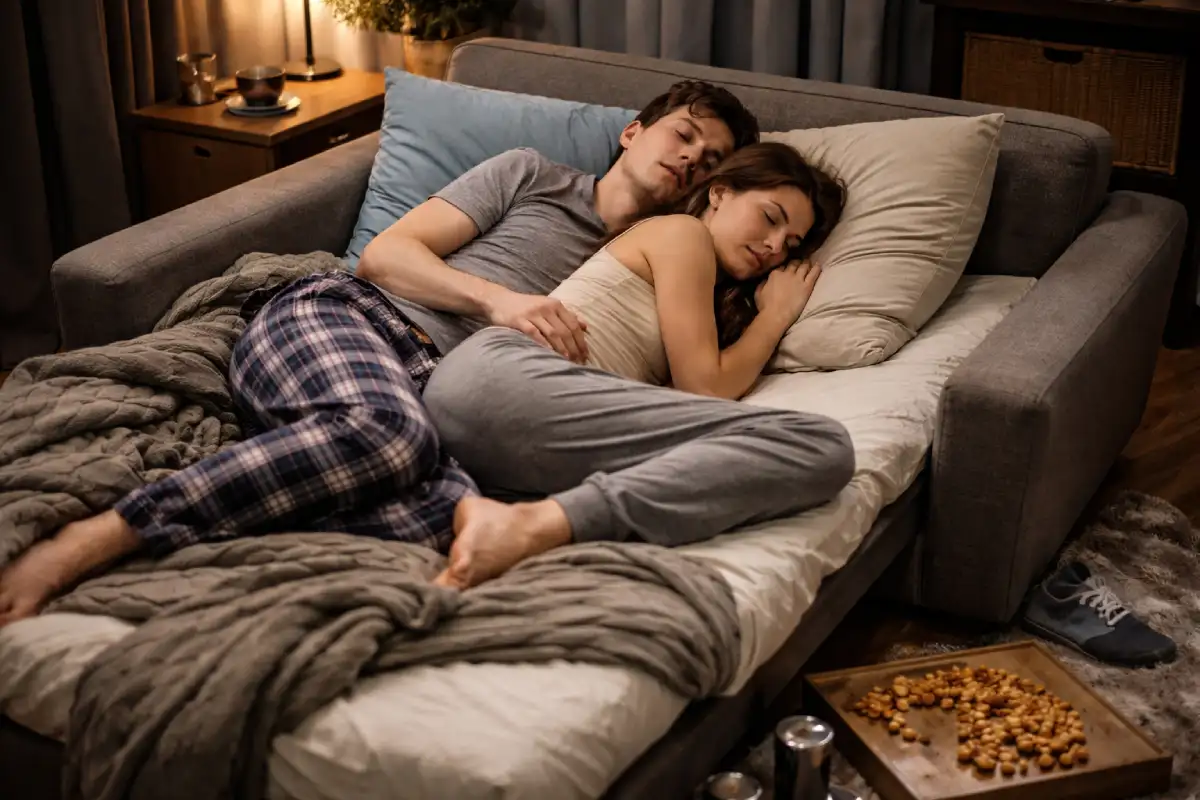 Par leži na uskoj fotelji na razvlačenje